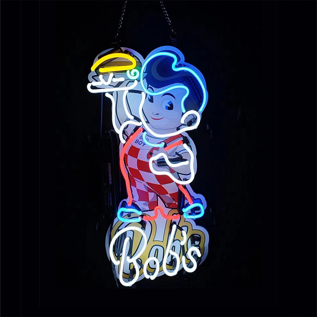 Neon sign of a cartoon boy with blue hair in a red and white checkered outfit holding a hamburger with white neon text reading 'Bob's' beneath him, on a black background.