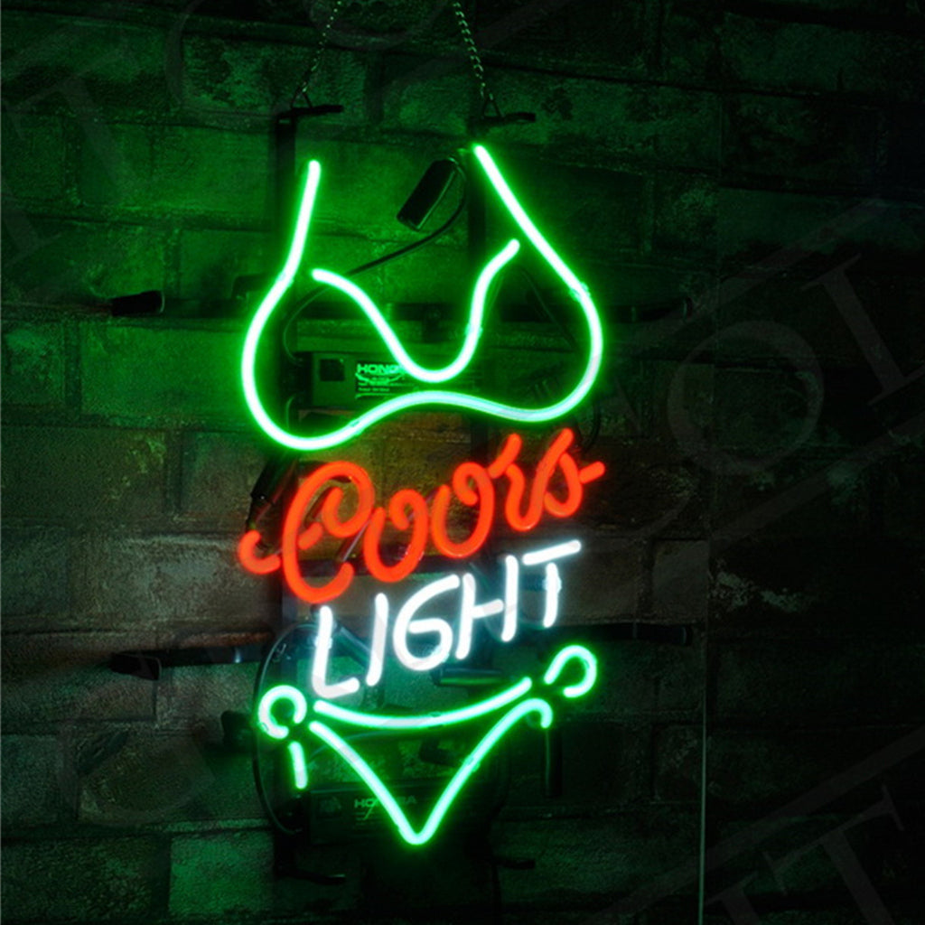 Green Bikini Set Coors Light Neon Signs Light glowing with green and red neon on metal grid backing