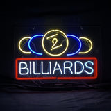 Billiards Game Neon Sign Light with glowing colored neon tubes on a metal grid backing