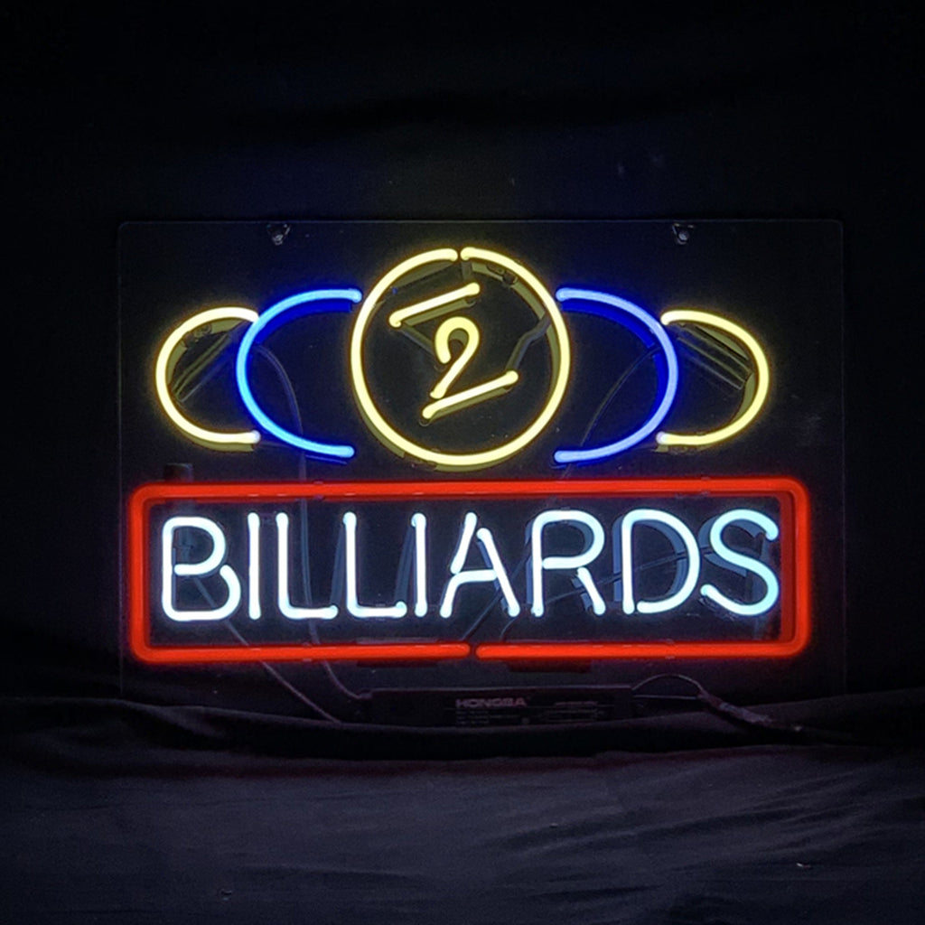 Billiards Game Neon Sign Light with glowing colored neon tubes on a metal grid backing