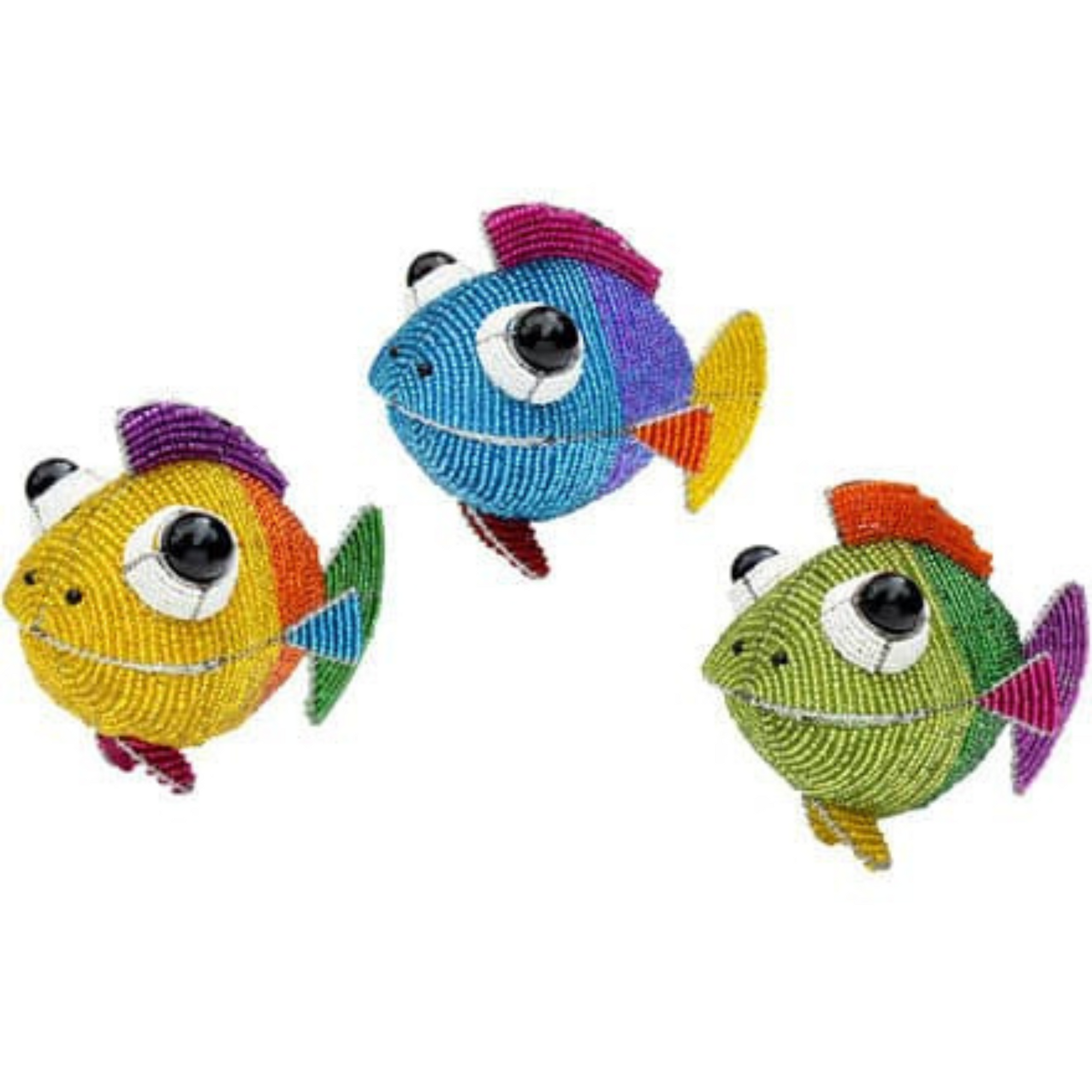 Billy Fish beaded tropical figurine with a wide-eyed face available in yellow, blue, or lime colors
