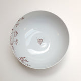 Birch Serving Bowl in chocolate color showing personalized carved heart and initials