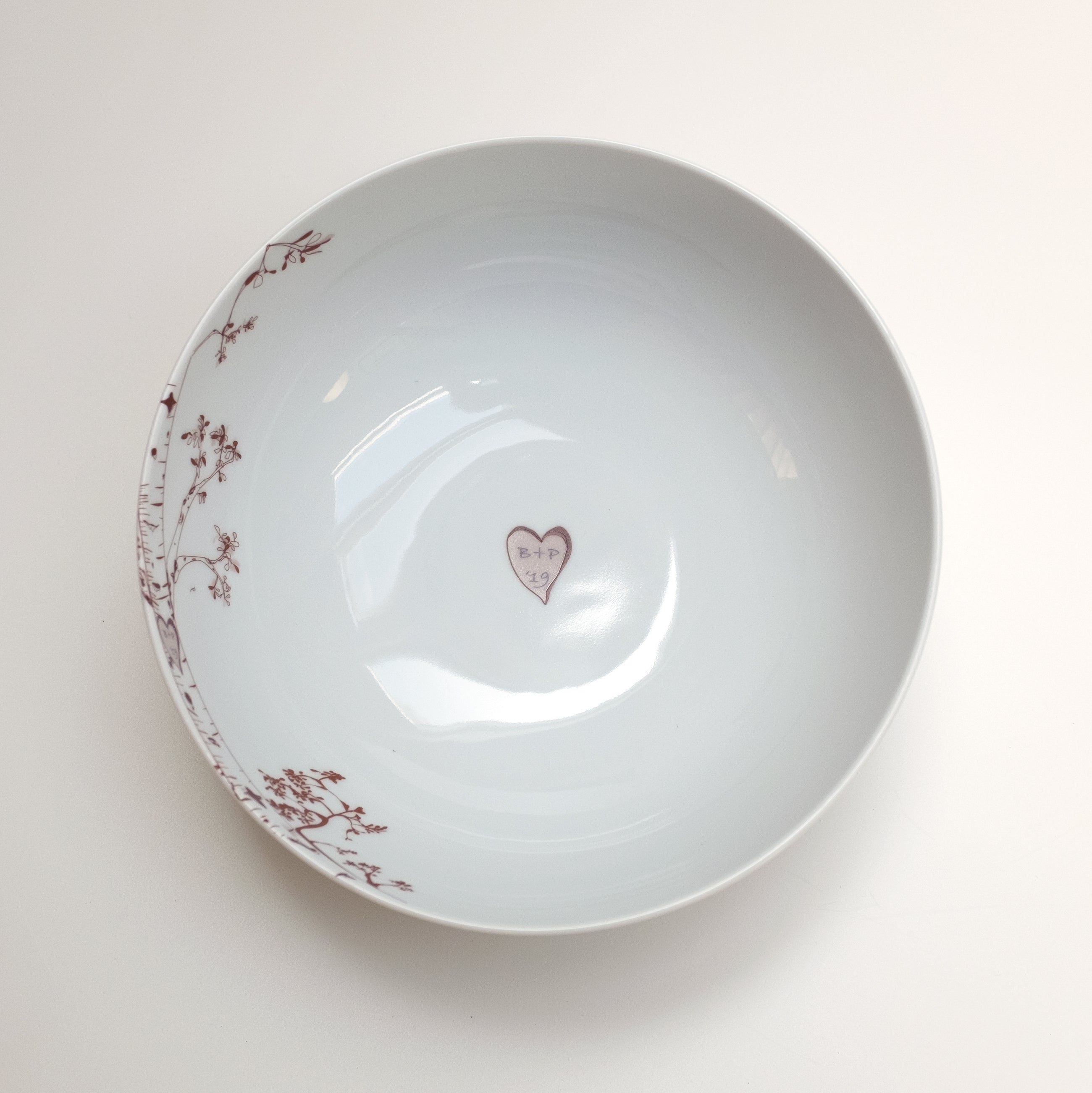 Birch Serving Bowl in chocolate color showing personalized carved heart and initials