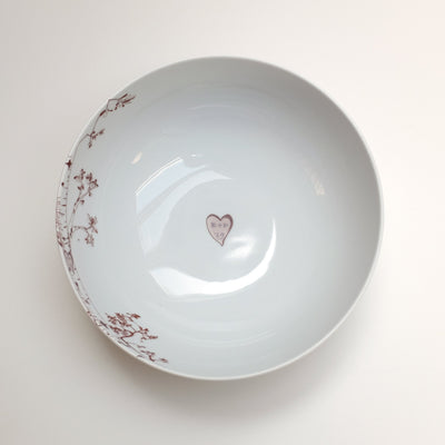 Birch Serving Bowl in chocolate color showing personalized carved heart and initials