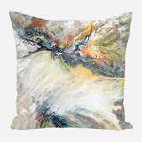 Square pillow featuring abstract art resembling a bird in flight with swirling brushstrokes of gray, white, orange, yellow, and hints of blue and black.