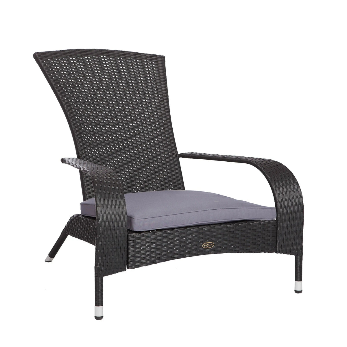 Black Coconino Wicker Chair with gray cushion on patio