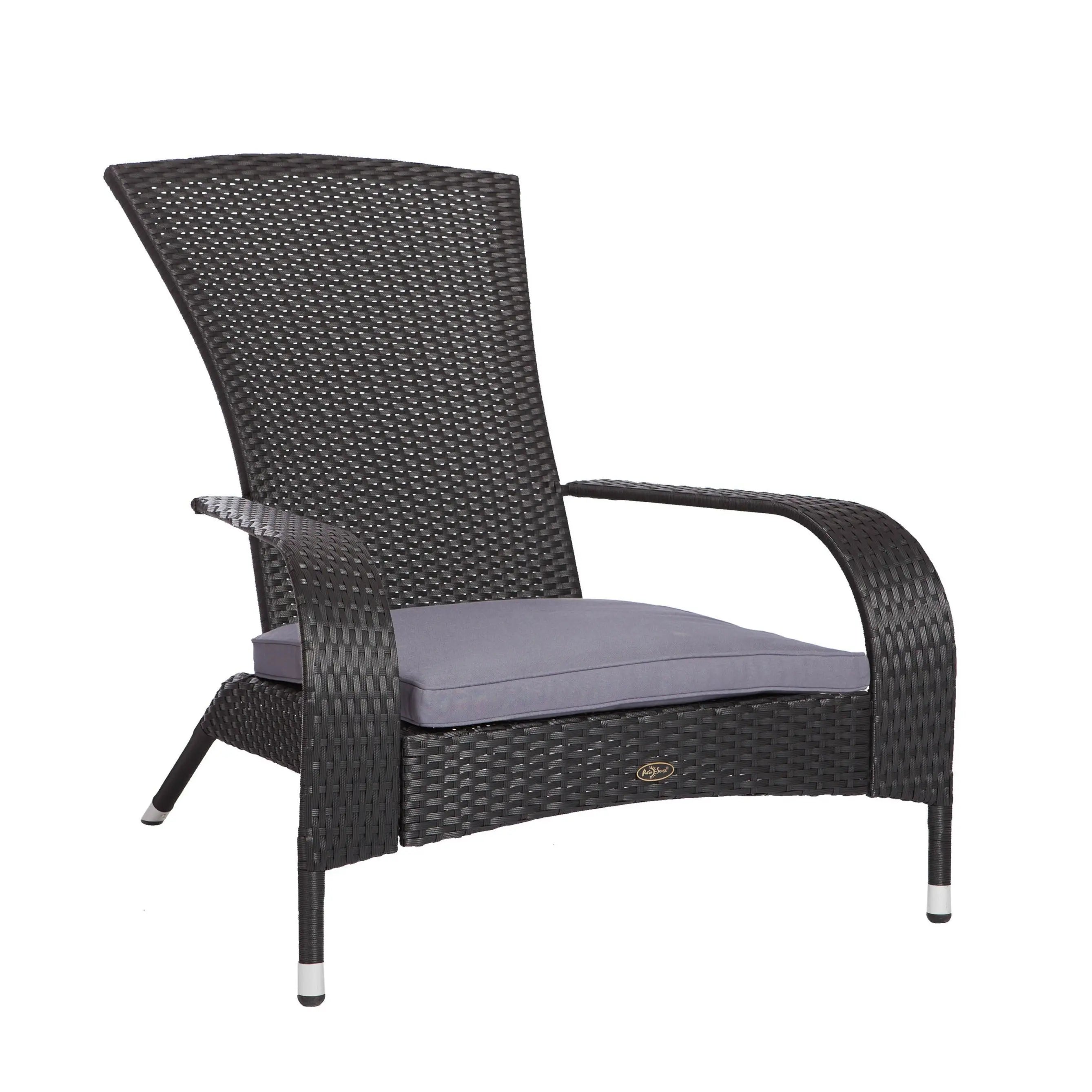 Black Coconino Wicker Chair with gray cushion on patio