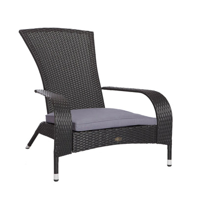 Black Coconino Wicker Chair with gray cushion on patio