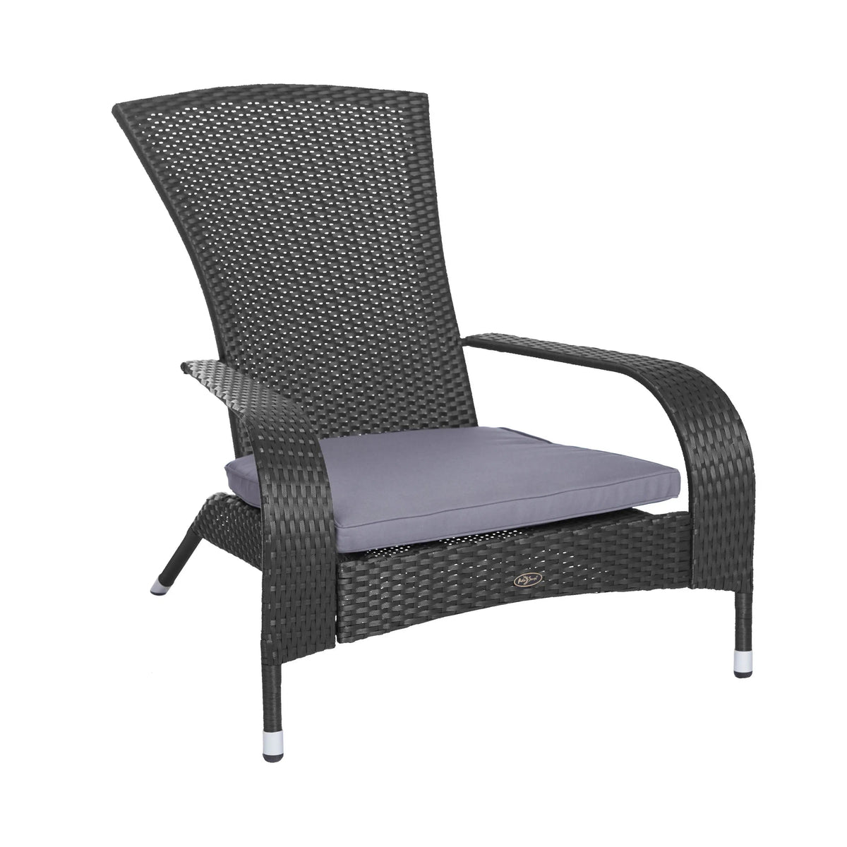 Black woven wicker lounge chair with curved armrests and a light gray seat cushion, shown against a white background.