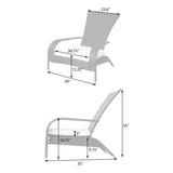 Black wicker chair with curved armrests, showing front and side views, annotated with dimensions in inches for width, height, and seat measurements.