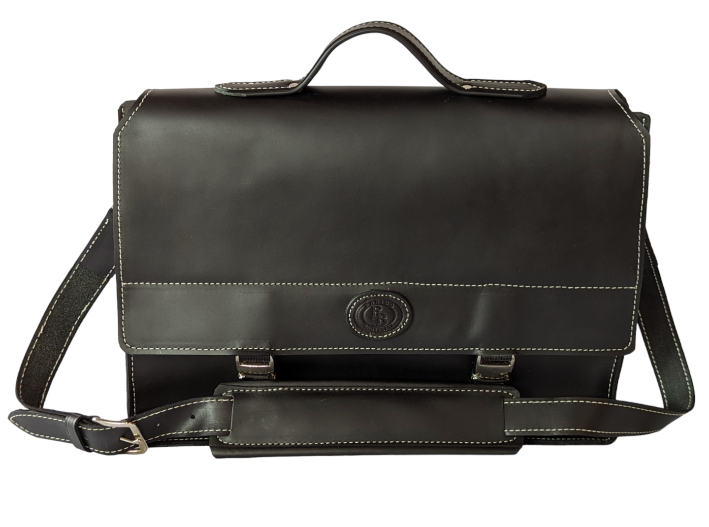 Black Enrico Bartolini Messenger Bag displayed with structured leather and multiple compartments visible