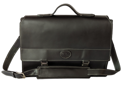 Black Enrico Bartolini Messenger Bag displayed with structured leather and multiple compartments visible