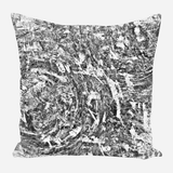 Square pillow with an abstract black and white marbled texture resembling swirling brushstrokes and layered patterns.