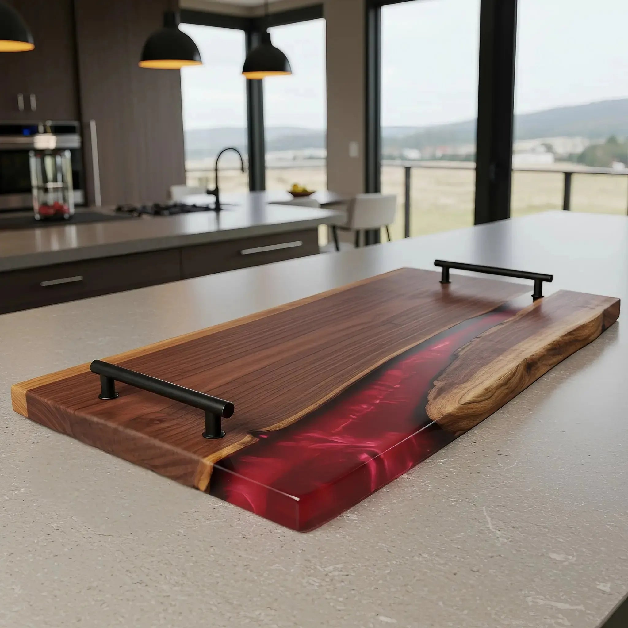 charcuterie board, 18 inches by 9 inches, made from live edge black walnut wood with a deep, merlot-colored epoxy river running through the center. The resin is a rich burgundy tone with a smooth, glassy finish. Matte black handles are mounted at each end, with a modern design where the horizontal top bar slightly extends past the vertical posts.