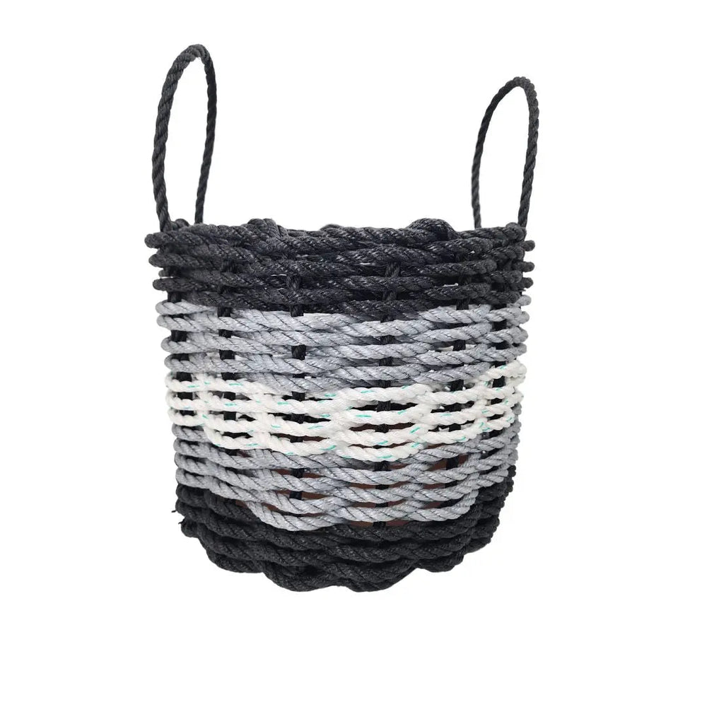 Five Stripe Rope Storage Basket in black, gray, and white stripes, shown in multiple sizes