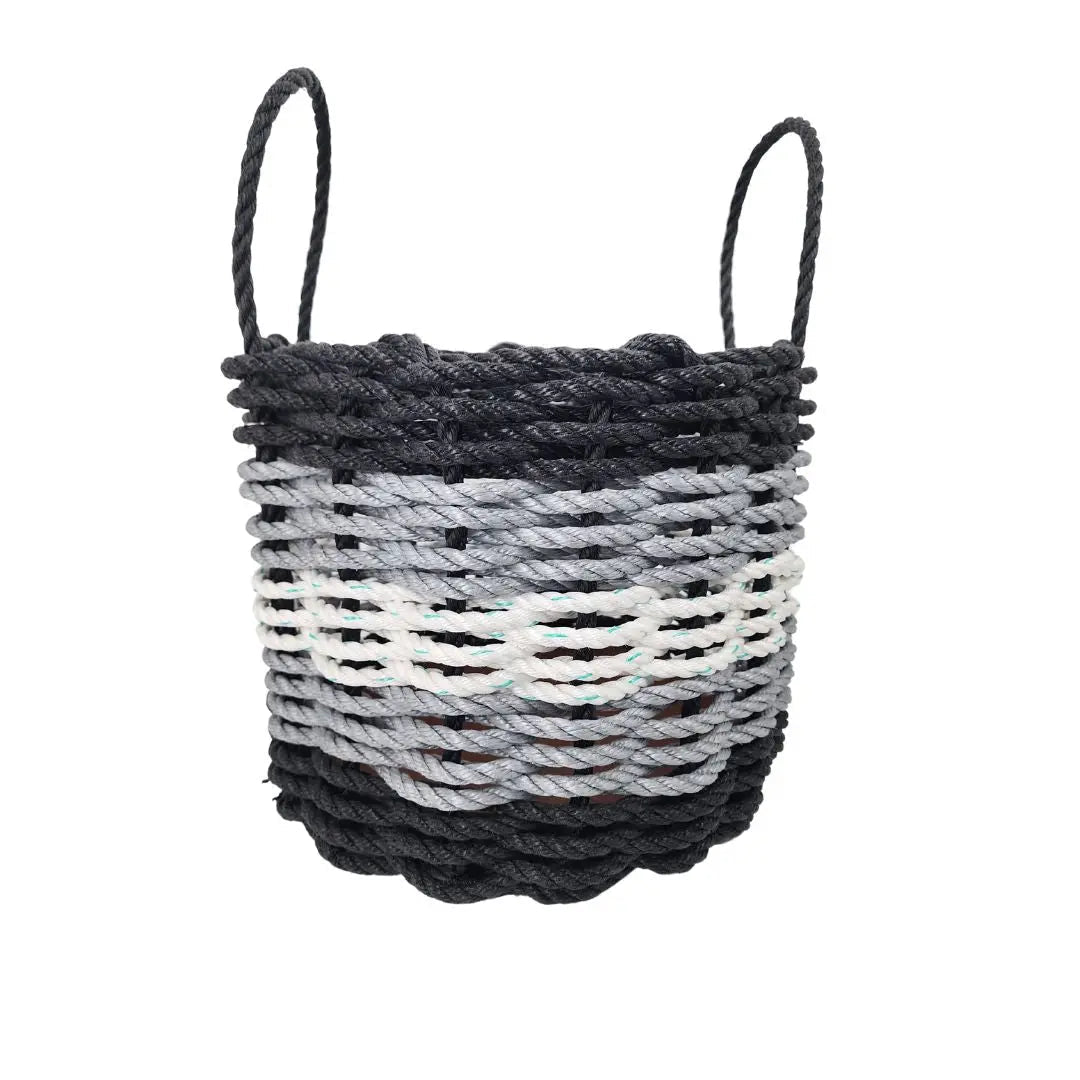 Five Stripe Rope Storage Basket in black, gray, and white stripes, shown in multiple sizes