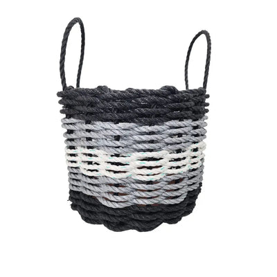 Five Stripe Rope Storage Basket in black, gray, and white stripes, shown in multiple sizes