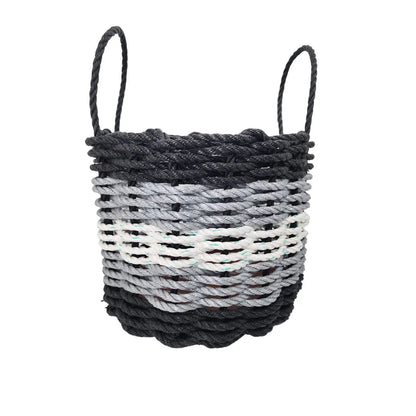 Five Stripe Rope Storage Basket in black, gray, and white stripes, shown in multiple sizes