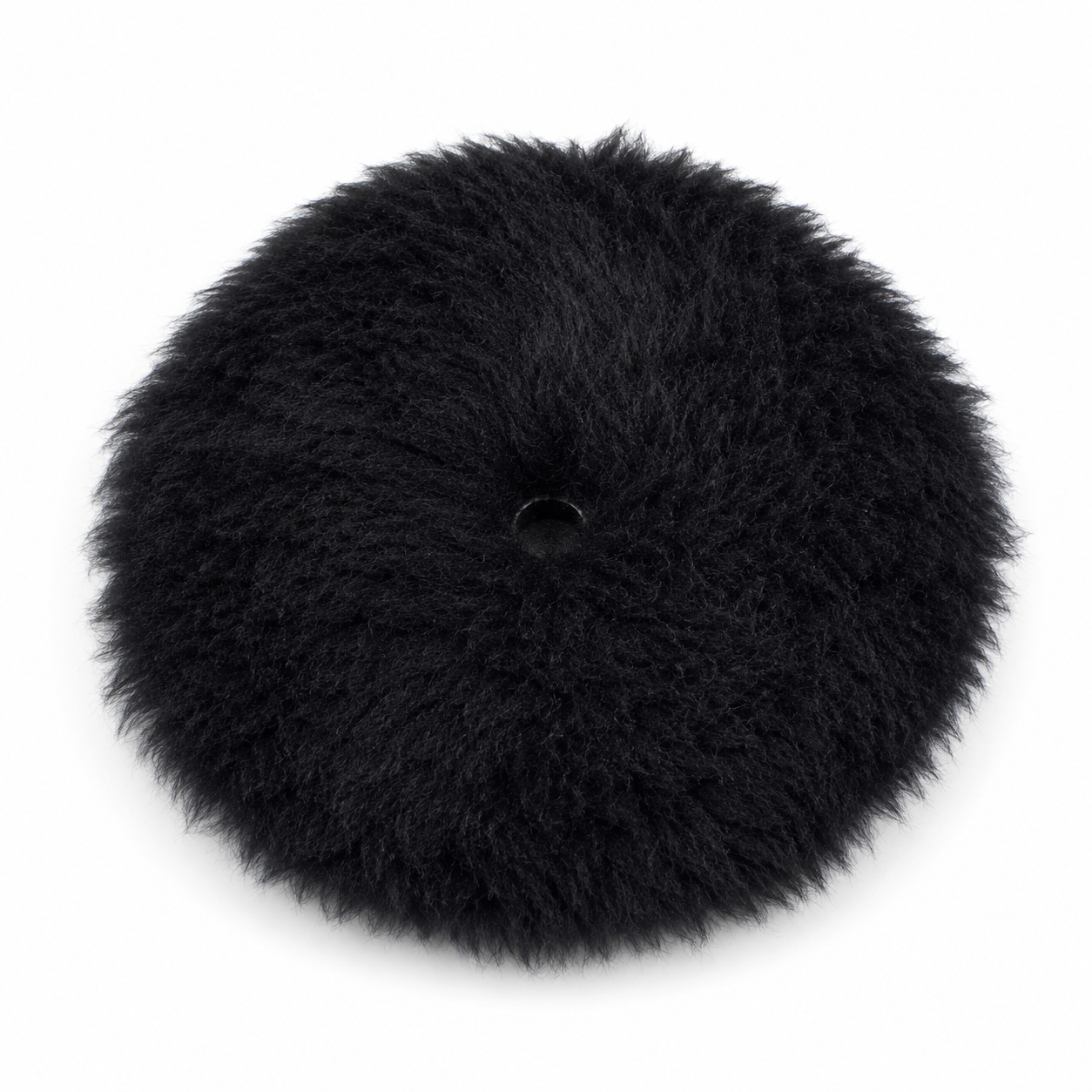 Close-up image of the Barjack Black Lambs Wool Cutting Pad showing dense natural fibers and loop backing