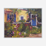 Impressionist painting of a yellow house with a blue door, surrounded by lush greenery and pink flowers in a garden setting.