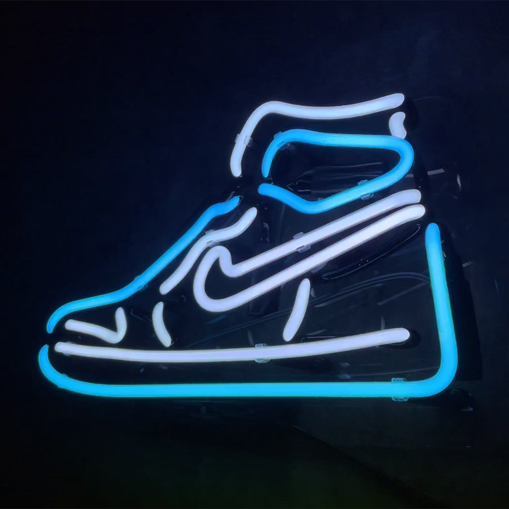 Blue Sneaker Neon Signs Light by Neon Signs Land glowing brightly on wall