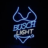 Neon light sign depicting a blue bikini outline surrounding the white text 'BUSCH LIGHT' on a black background