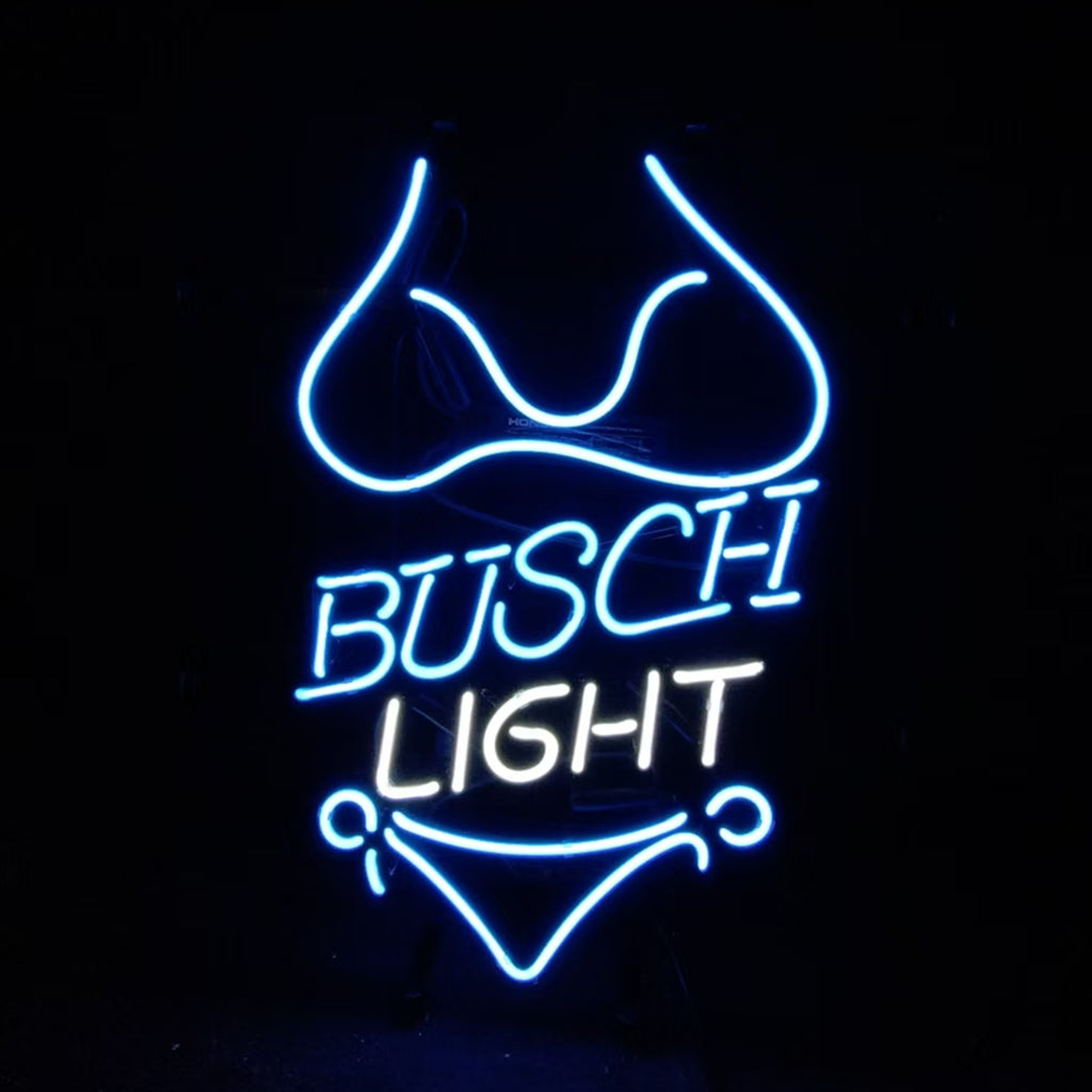 Neon light sign depicting a blue bikini outline surrounding the white text 'BUSCH LIGHT' on a black background