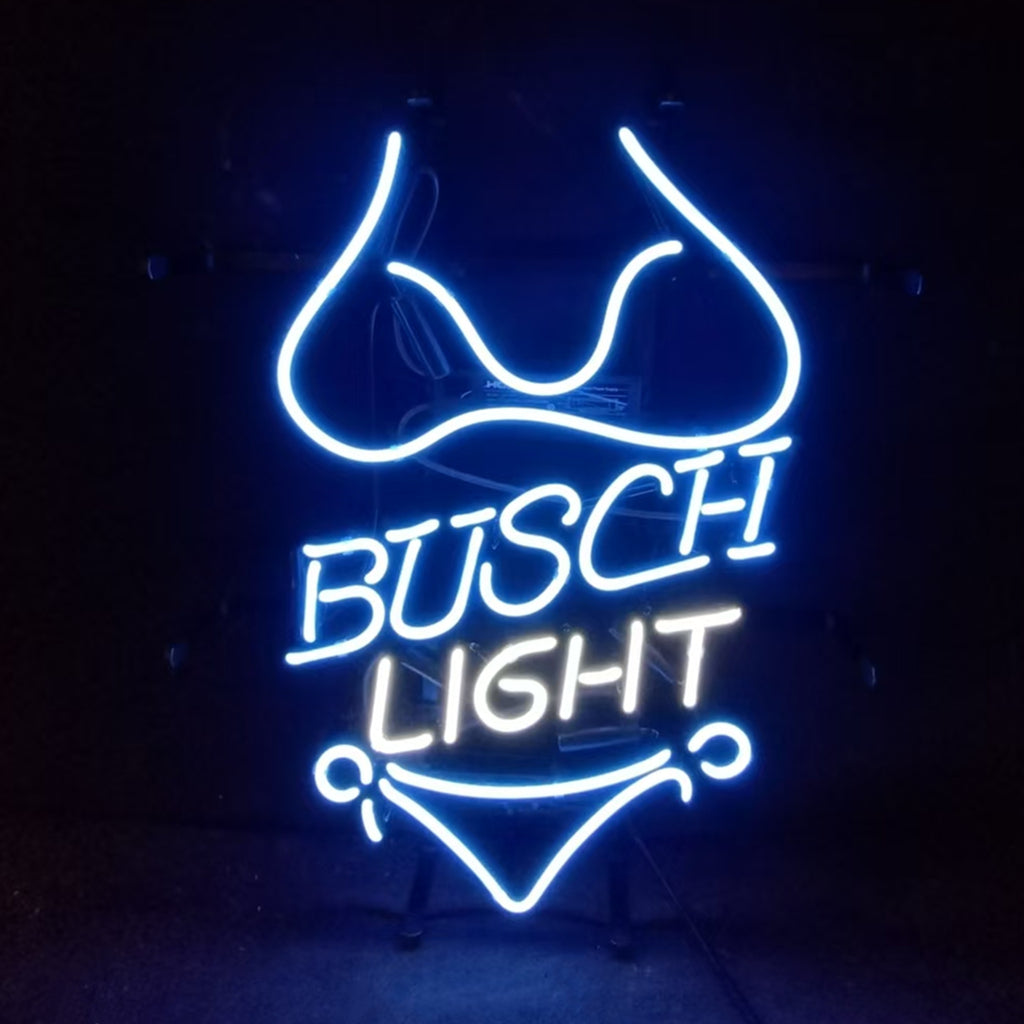 Blue Bikini Sets Busch Light Neon Light Sign glowing with blue neon tubing on metal grid backing.