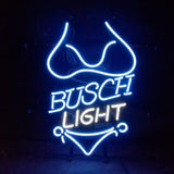 Blue Bikini Sets Busch Light Neon Light Sign glowing with blue neon tubing on metal grid backing.