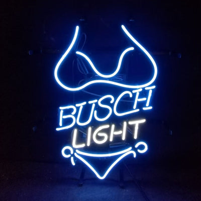 Blue Bikini Sets Busch Light Neon Light Sign glowing with blue neon tubing on metal grid backing.