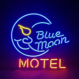 Neon sign with a stylized blue crescent moon featuring a yellow eye and smiling face, accompanied by cursive blue text 'Blue Moon' and bold red 'MOTEL' below.