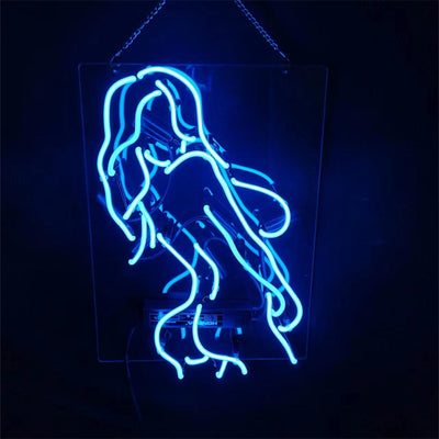 Blue Sexy Girl Live Nudes Neon Sign Light glowing against a dark wall, mounted on acrylic backing