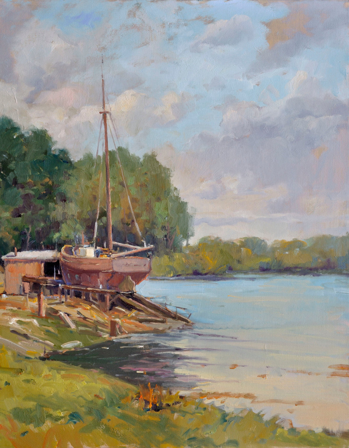 Boat Launch Artist Enhanced Canvas Print by John Beard showing a coastal scene with boats and docks
