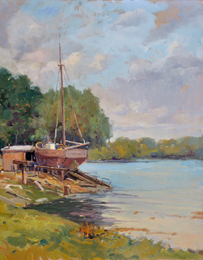 Boat Launch Artist Enhanced Canvas Print by John Beard showing a coastal scene with boats and docks
