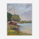 Oil painting of a brown sailboat resting on a wooden slipway by a calm river, surrounded by green trees under a cloudy sky.