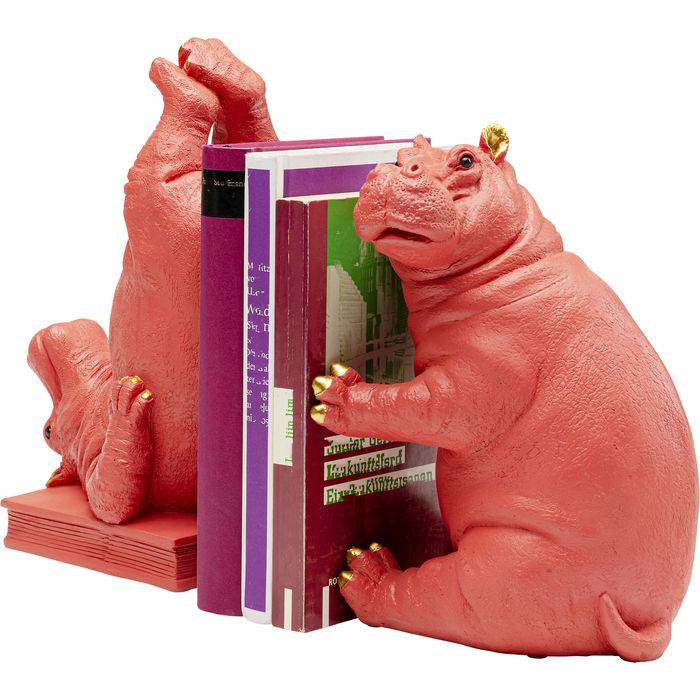 Two pink hippo bookends with textured skin and gold-painted ears and toes, positioned to hold books upright between them.