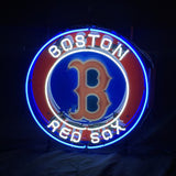 Circular Boston Red Sox logo neon sign with red B on blue background, surrounded by white text 'BOSTON' above and 'RED SOX' below, outlined in blue neon.