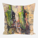 Square pillow with an abstract oil painting of green and amber bottles reflected on a surface, featuring textured brushstrokes in muted earth tones.