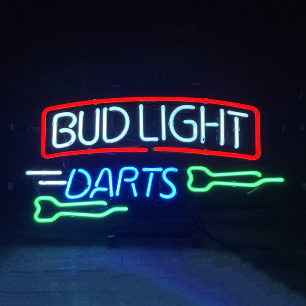 Bud Light Darts Neon Light Sign illuminated on metal grid backing