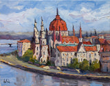 Budapest Enhanced Canvas Print showing coastal landscape with colorful boats and buildings, framed in gallery wrap