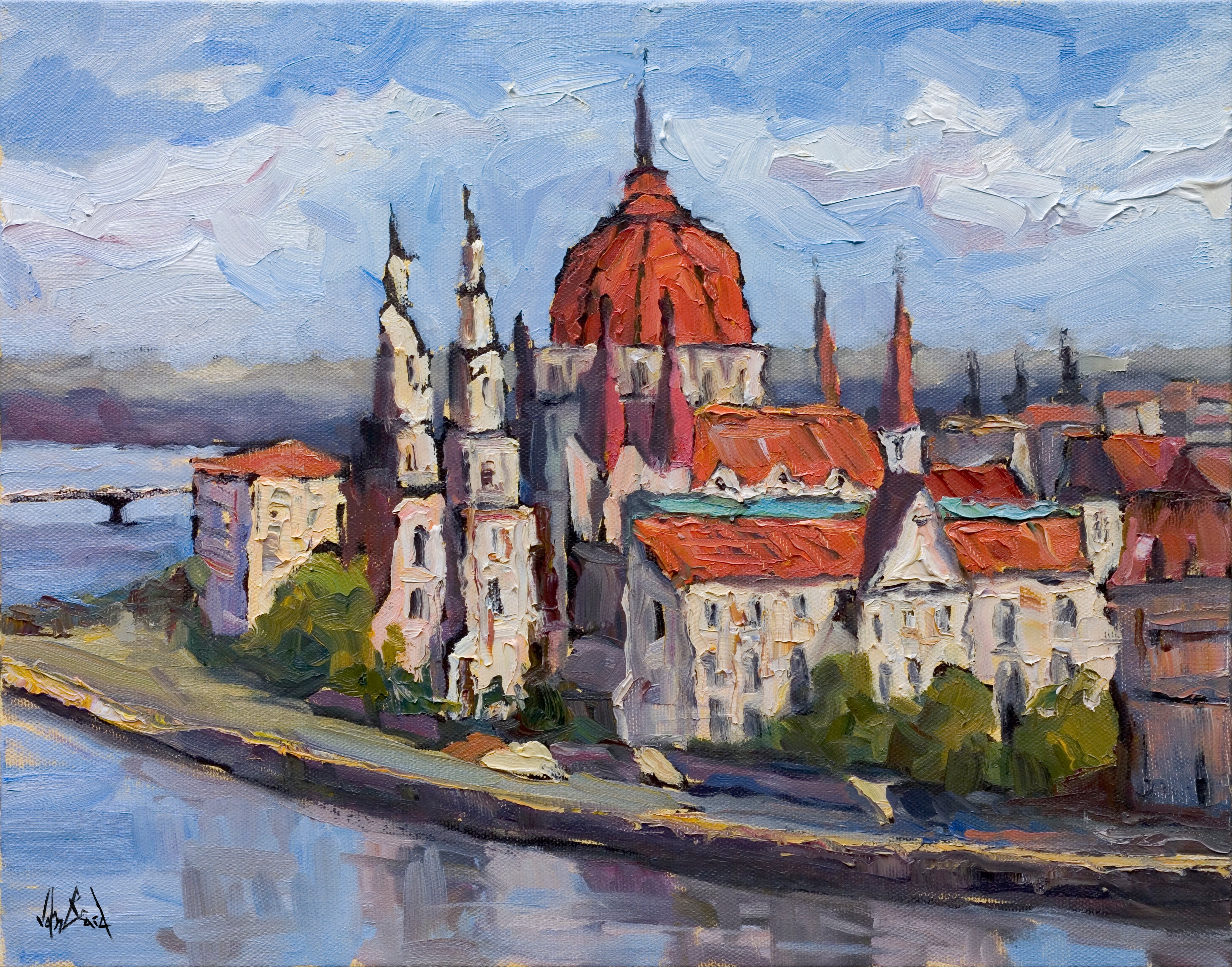 Budapest Enhanced Canvas Print showing coastal landscape with colorful boats and buildings, framed in gallery wrap