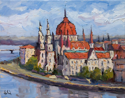 Budapest Enhanced Canvas Print showing coastal landscape with colorful boats and buildings, framed in gallery wrap