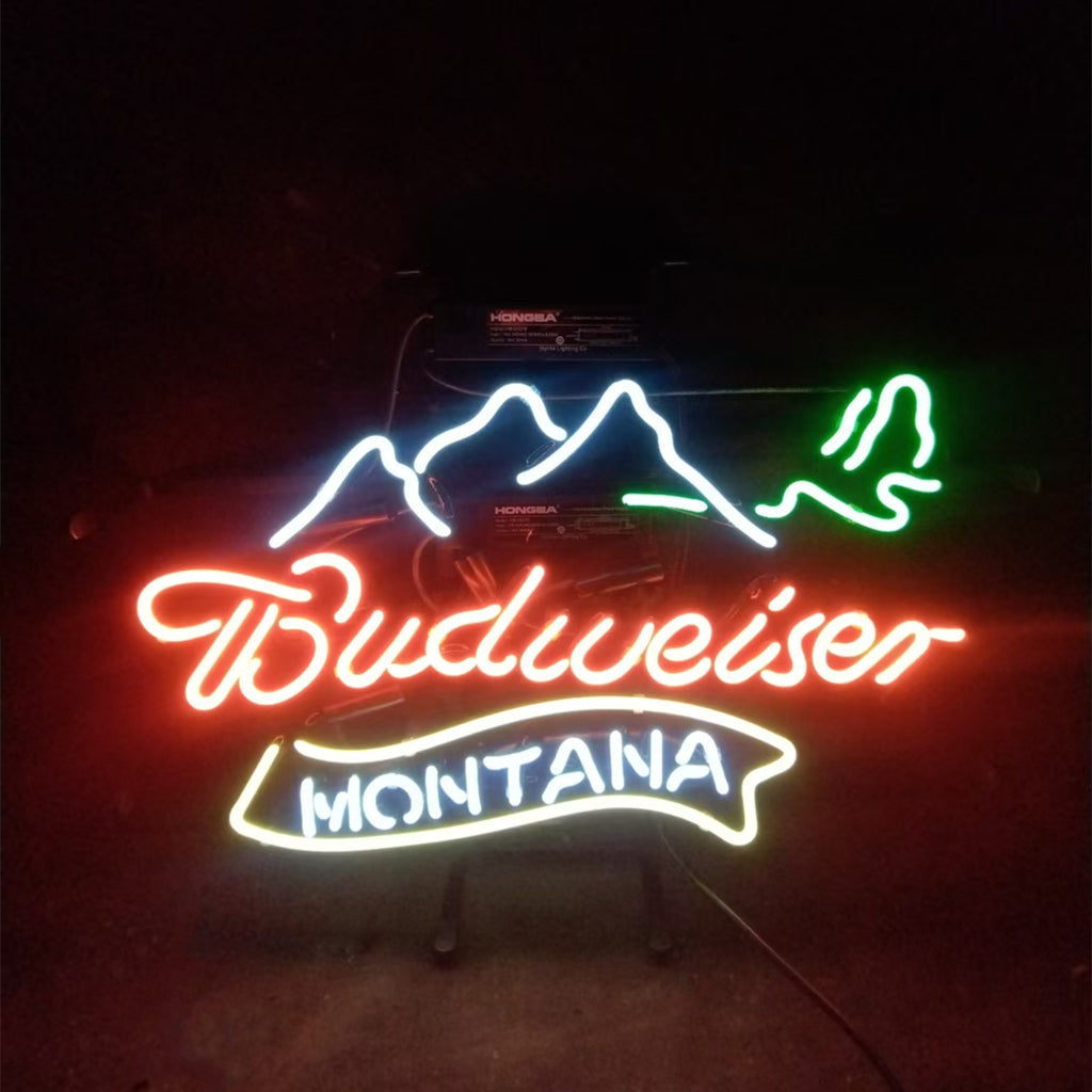 Budweiser Montana Neon Light Sign illuminated in red neon lettering with metal grid backing