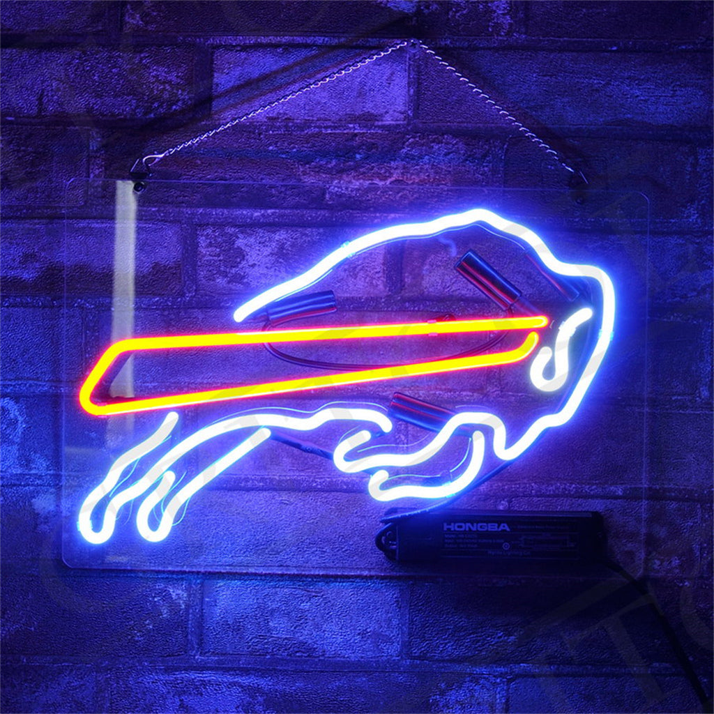 Buffalo Bills Neon Sign illuminated, mounted on metal grid backing