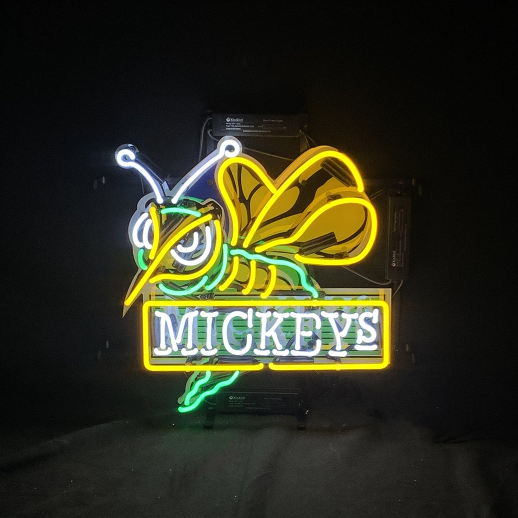 Bumblebee Mickeys Neon Sign with UV-printed on acrylic backing featuring glowing yellow and black neon tubes