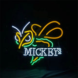 Neon sign of a stylized bumblebee with yellow, white, and green lines above the glowing white word MICKEYS on a black background