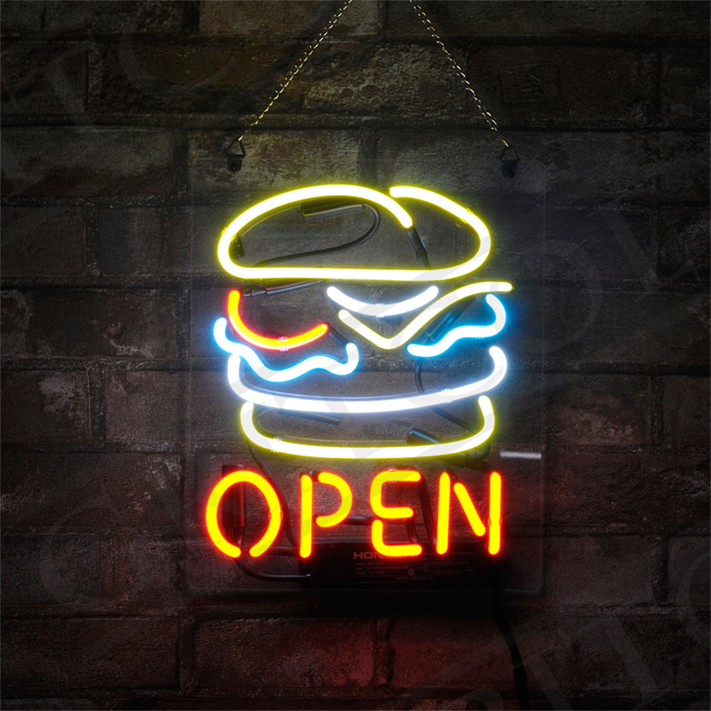 Burger Open Neon Sign showing bright colorful neon lights on acrylic backing