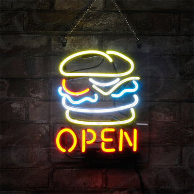 Burger Open Neon Sign showing bright colorful neon lights on acrylic backing