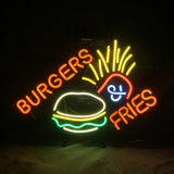 Neon sign with orange cursive words 'BURGERS' and 'FRIES' surrounding a white and green burger icon and red fries box with yellow fries, all glowing brightly on black background.