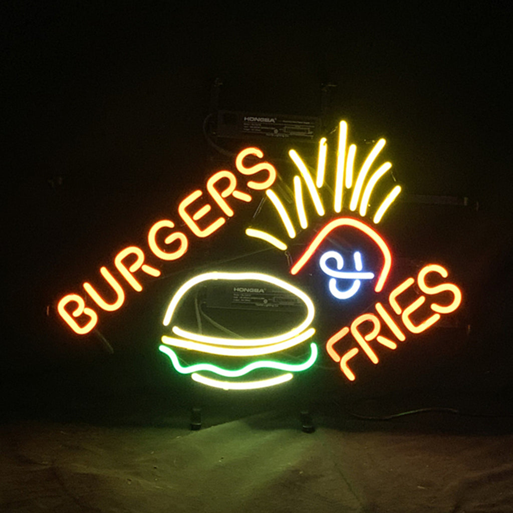 Burgers and fries neon sign glowing on metal grid background